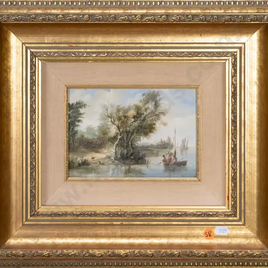 M Toldy - gilt framed oil on board - sailing boats on river H-115 W-170