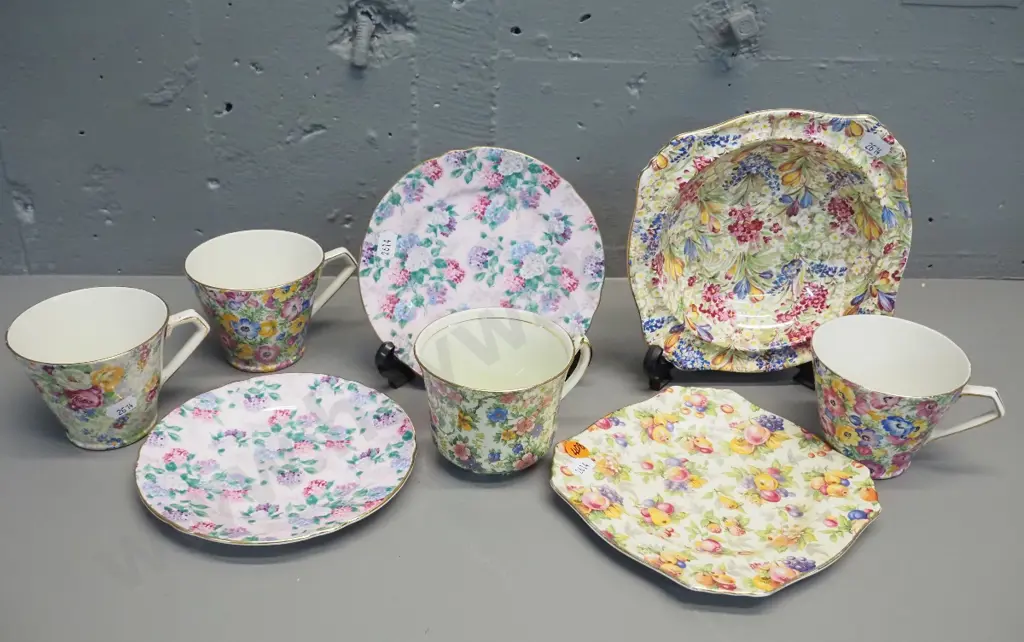 7 pieces assorted all-over-floral china - Royal Winton, Empire, Lord Nelson, and Shelley Image 1++