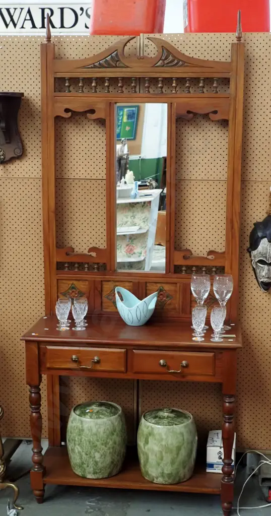 mahogany hall stand with spindle mirror back, 2 drawers, lower shelf H-2070 W-900 D-350 Image 1++