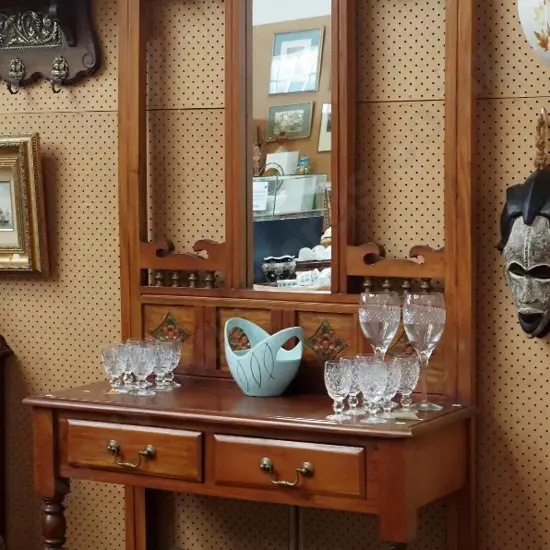 mahogany hall stand with spindle mirror back, 2 drawers, lower shelf H-2070 W-900 D-350