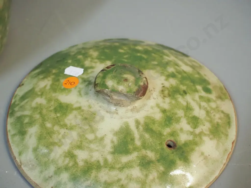 Timaru Potteries mottled green glaze lidded storage jar w.under glaze faults, chipped lid handle H310 D250 Image 1++