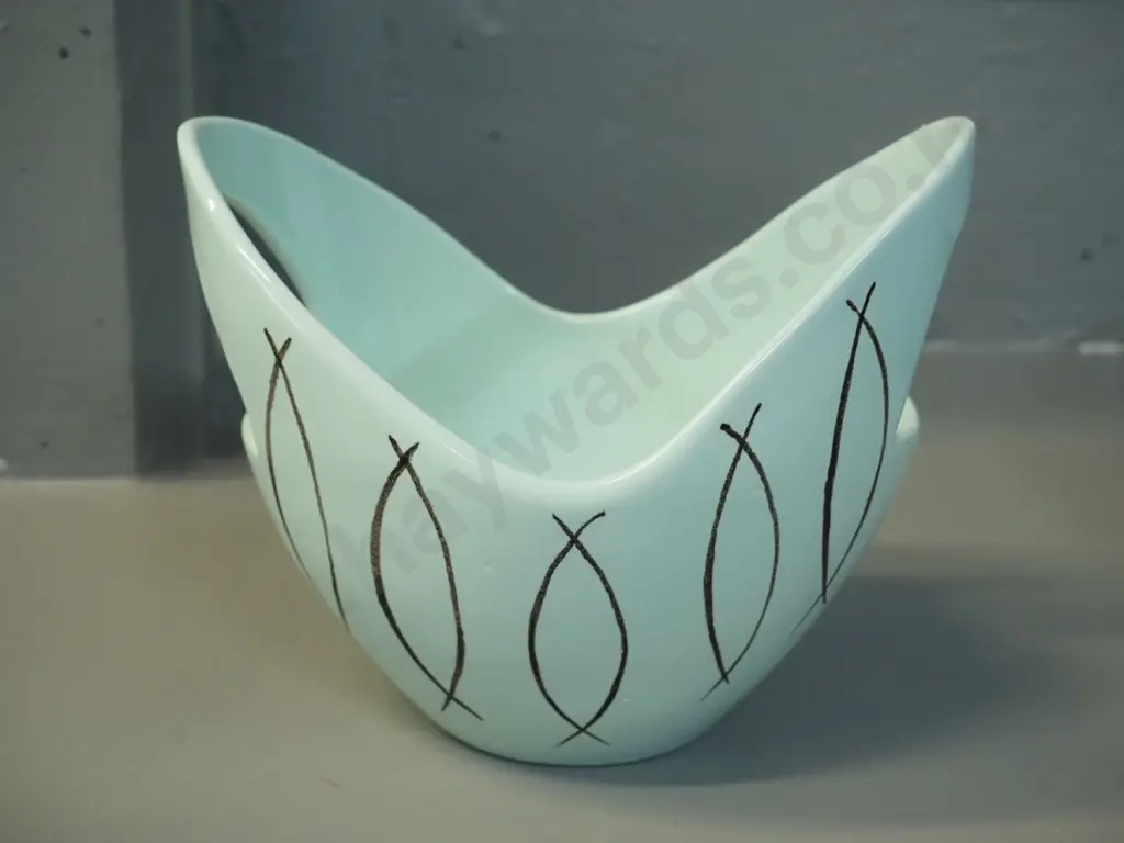 mid-century style pottery bowl marked Jersey Pottery on base H-150 L-190 W-150 Image 1++