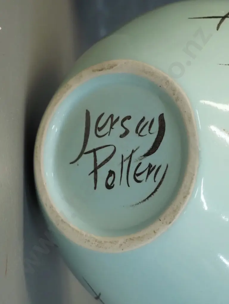 mid-century style pottery bowl marked Jersey Pottery on base H-150 L-190 W-150 Image 1++