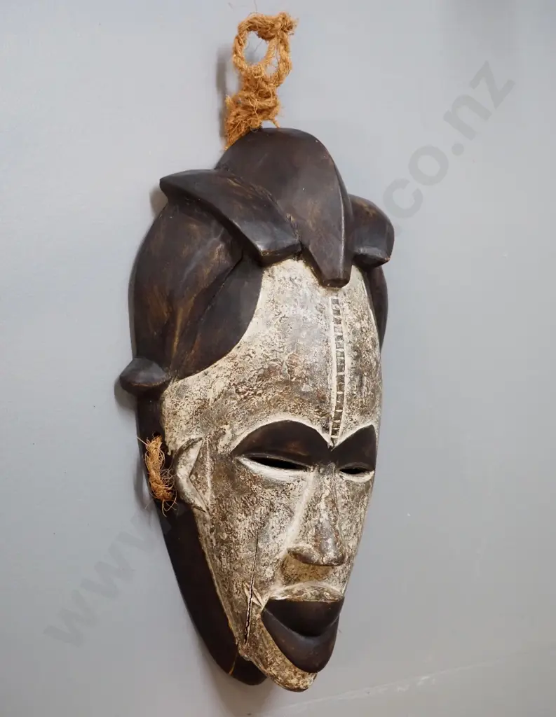carved and painted wood wall mask with rope hanger H340 W200 Image 1++