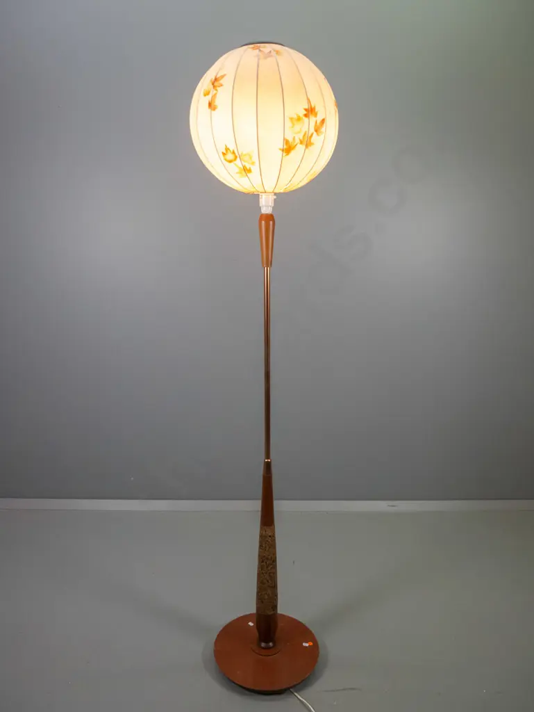 retro standard lamp with mahogany, copper and cork base - some damage to printed fabric globe shade H1720 Shade D340 Image 1++