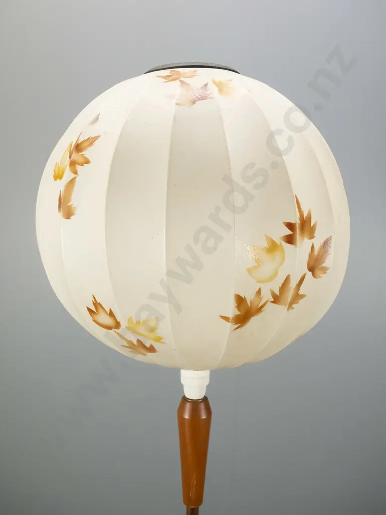 retro standard lamp with mahogany, copper and cork base - some damage to printed fabric globe shade H1720 Shade D340 Image 1++