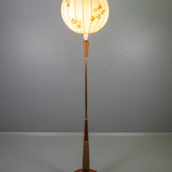 retro standard lamp with mahogany, copper and cork base - some damage to printed fabric globe shade H1720 Shade D340
