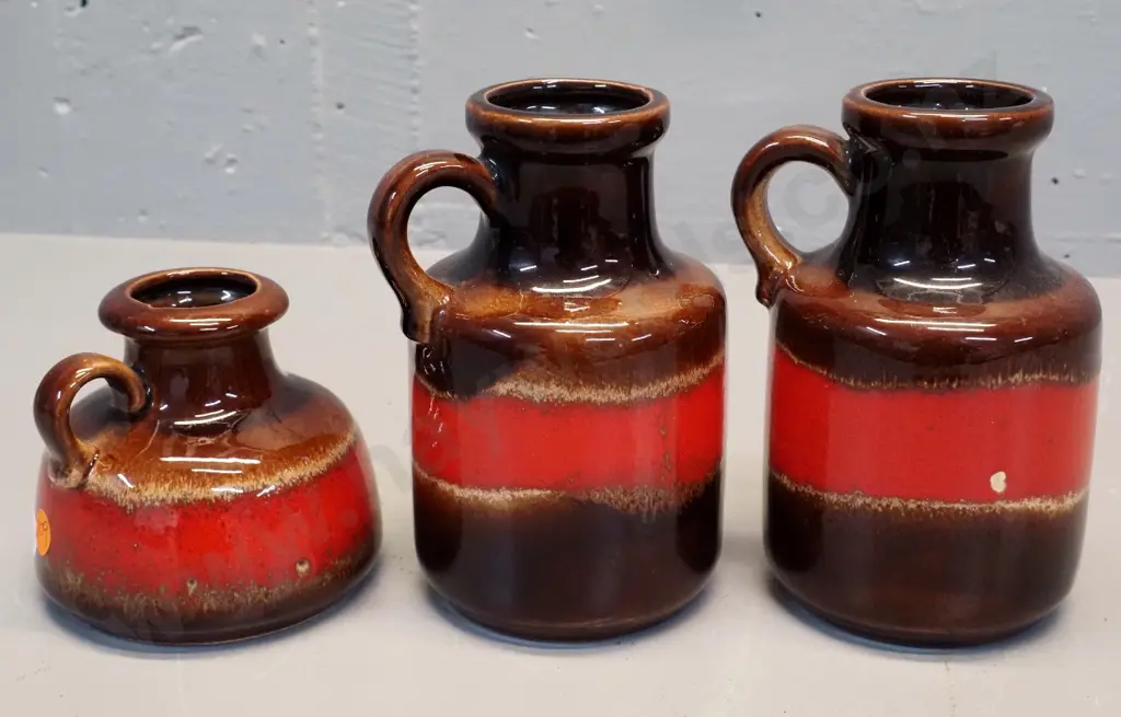 3 German pottery orange & brown  jug vases - smallest has under-glaze chip, one of taller has glaze fault/chip H-170 Image 1++