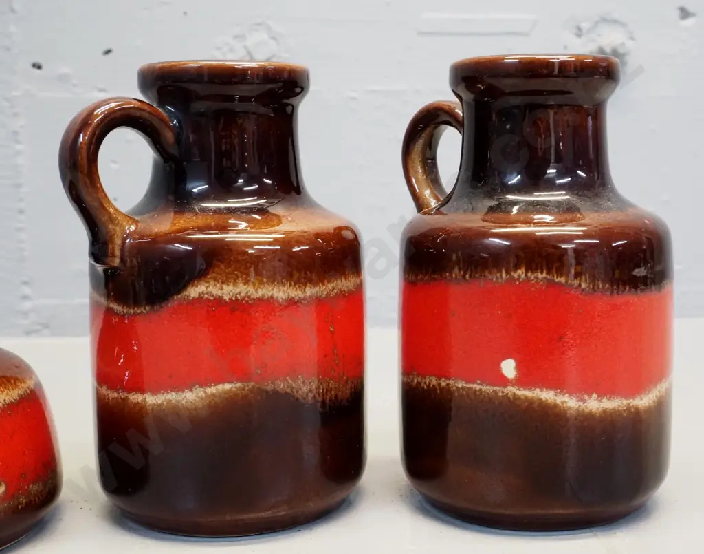 3 German pottery orange & brown  jug vases - smallest has under-glaze chip, one of taller has glaze fault/chip H-170 Image 1++