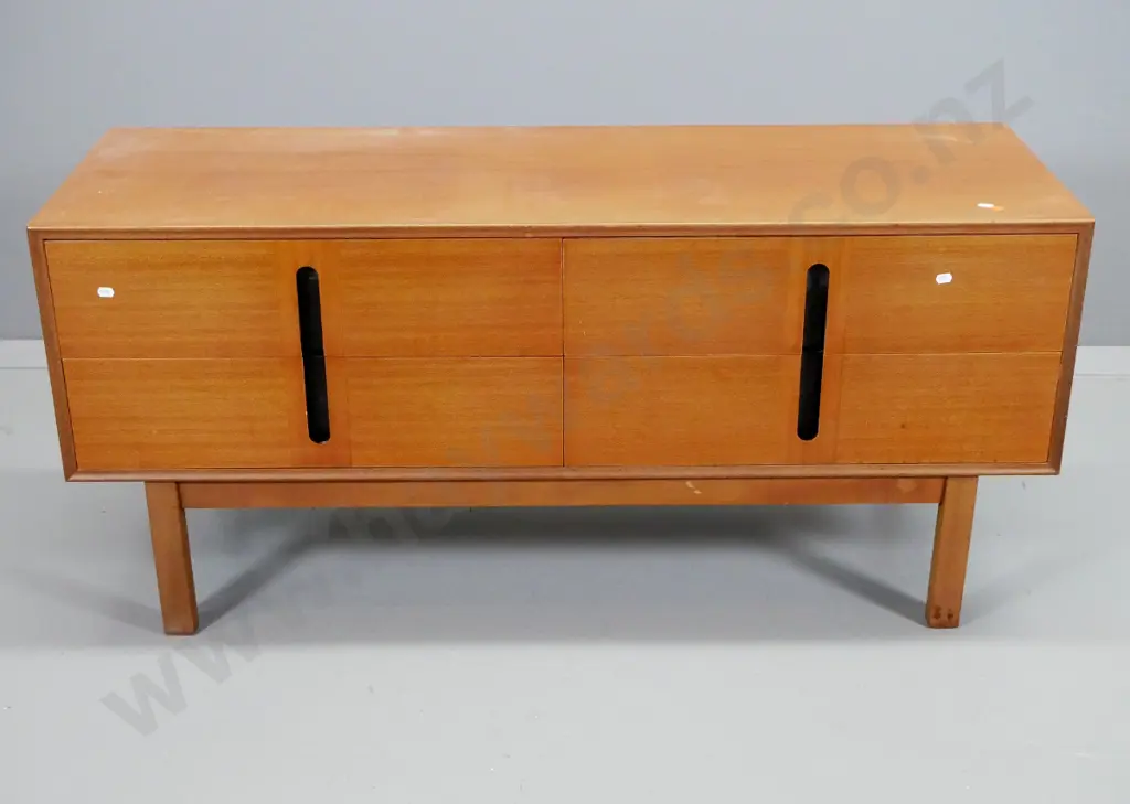 mahogany mid-century 4-drawer lowboy chest with inset handle, some chips, polish needs work H550 W1205 D410 Image 1++