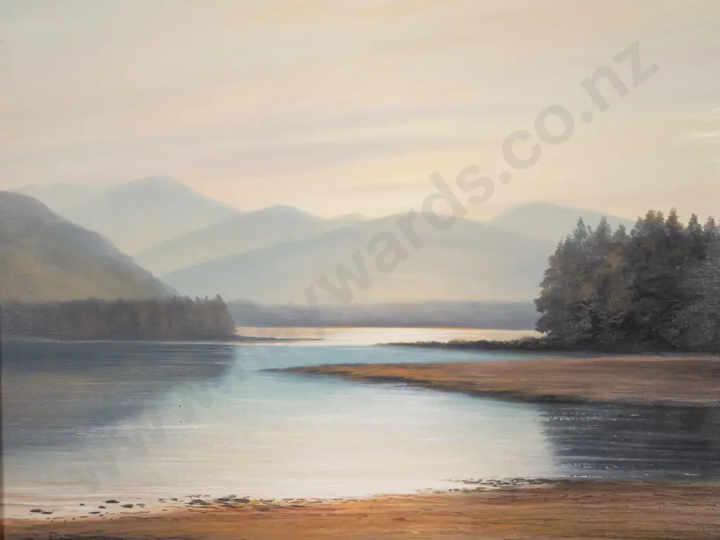 Bob Tucker - gilt framed - lake and mountain scene H-190 W-240 Image 1++
