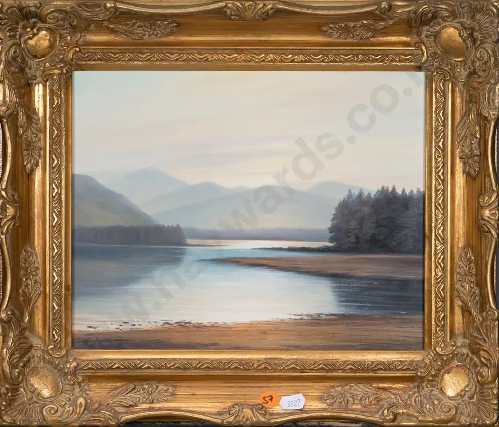 Bob Tucker - gilt framed - lake and mountain scene H-190 W-240 Image 1++