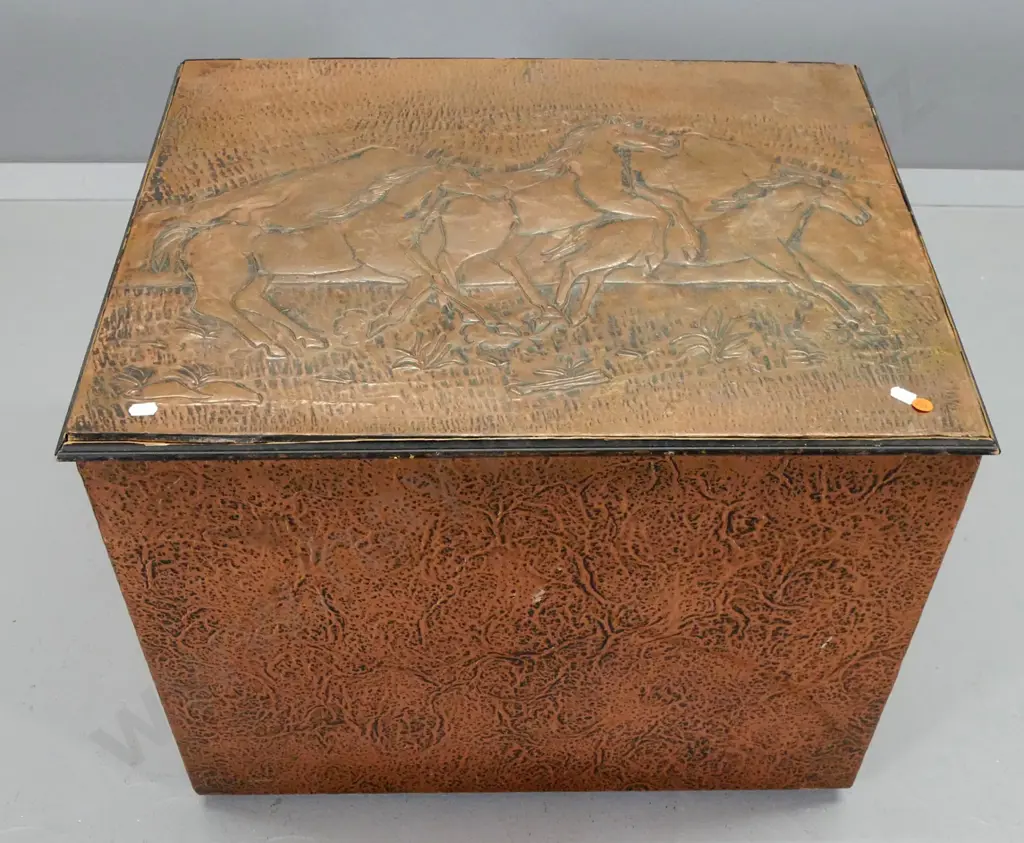 vintage wood box with horse motif pressed & beaten copper covering, iron handles H490 W610 D480 Image 1++