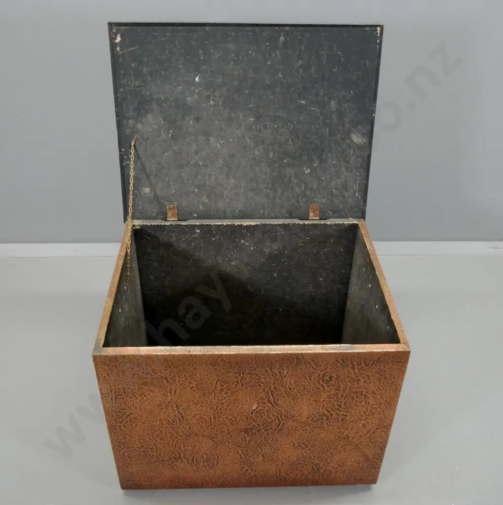 vintage wood box with horse motif pressed & beaten copper covering, iron handles H490 W610 D480 Image 1++