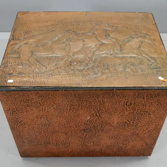 vintage wood box with horse motif pressed & beaten copper covering, iron handles H490 W610 D480