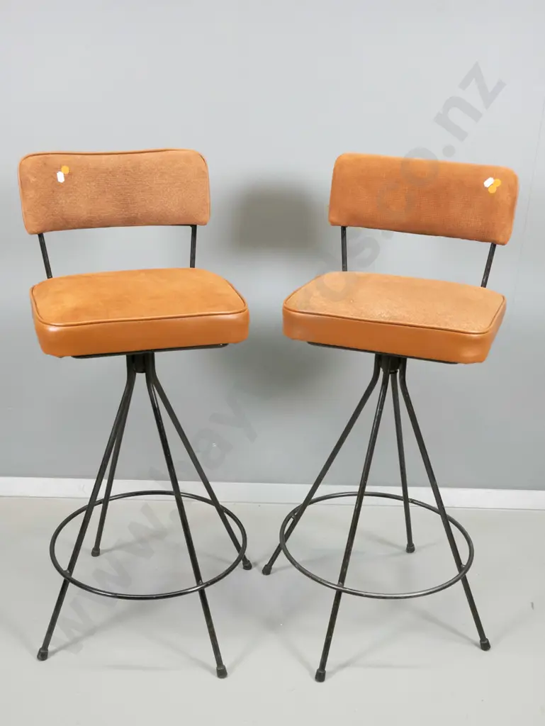 pair of retro metal framed swivel bar stools w/vinyl suede upholstered seat and back H900 W360 D310 Image 1++
