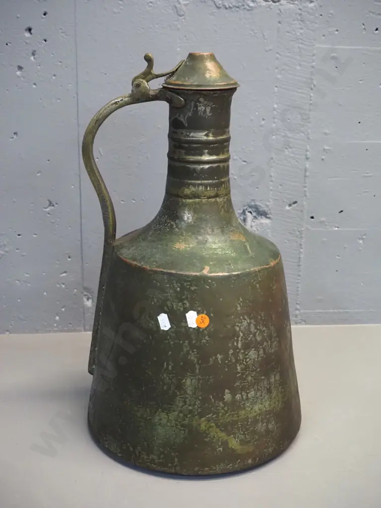 vintage brass wide-based handled jug with hinged lid H-440 D-260 at bottom Image 1++