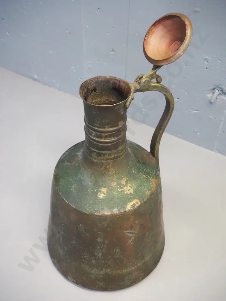 vintage brass wide-based handled jug with hinged lid H-440 D-260 at bottom Image 1++