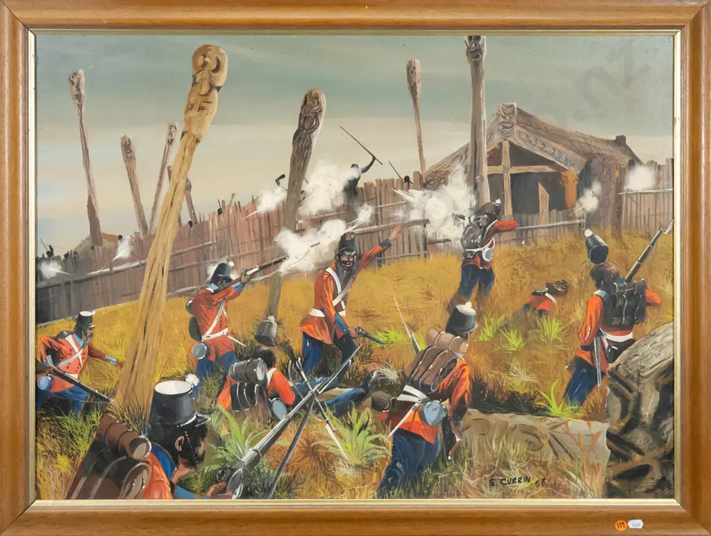 G Currin '68 - framed watercolour on board - battle scene H-550 W-750 (some warping and age damage) Image 1++