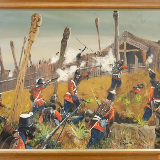 G Currin '68 - framed watercolour on board - battle scene H-550 W-750 (some warping and age damage)