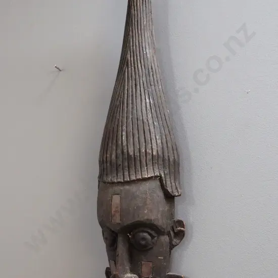 carved wooden wall mask - some damage to tip, minor damage on bottom edge H-690 W-145