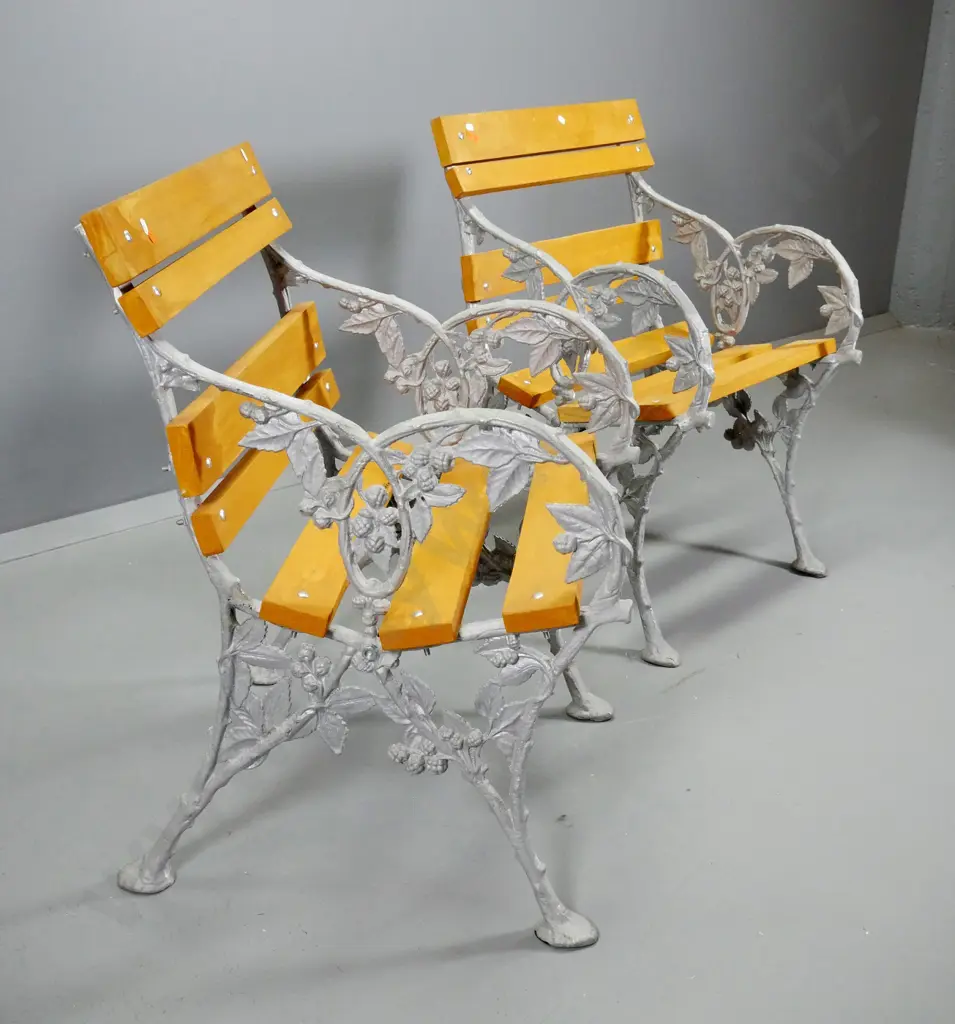pair of garden seats with timber slat seat & back, blackberry-motif cast aluminium sides H790 W550 D570 Image 1++