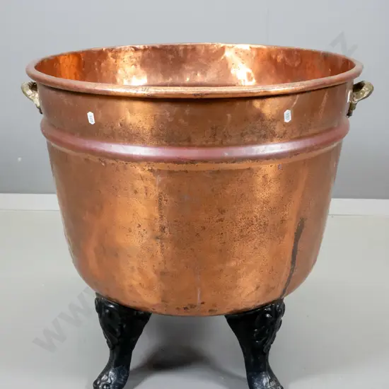 copper wood bin on cast-iron claw feet, brass handles - some wear H550 D545