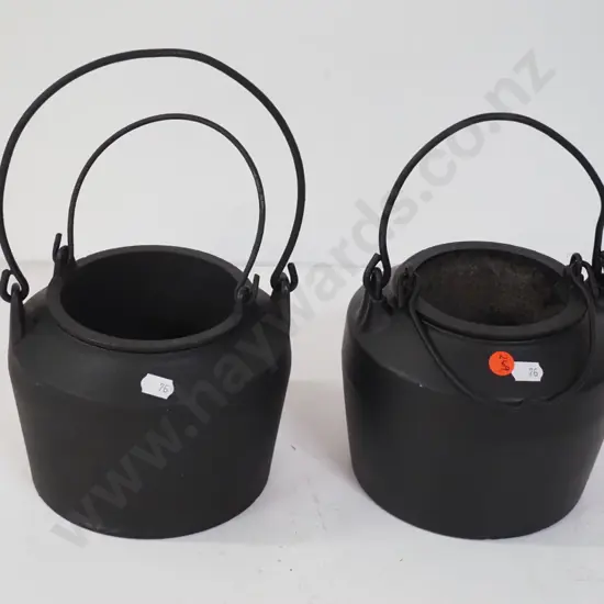 2 vintage cast iron glue pots with liners - one marked Kenrick, other Cannon Hollowware Deepfields - some surface