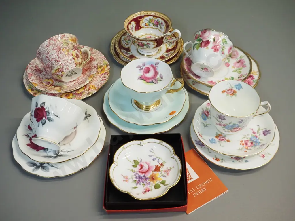 6 English china trios - 4 Royal Albert, 1 Hammersley, 1 Royal Winton - and a Derby posies sweet dish Image 1++