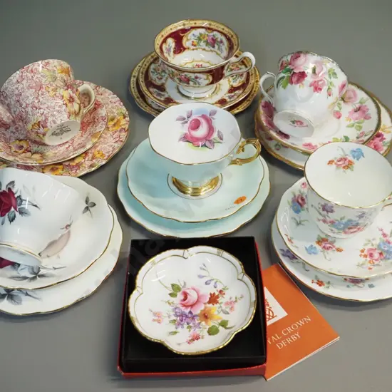 6 English china trios - 4 Royal Albert, 1 Hammersley, 1 Royal Winton - and a Derby posies sweet dish