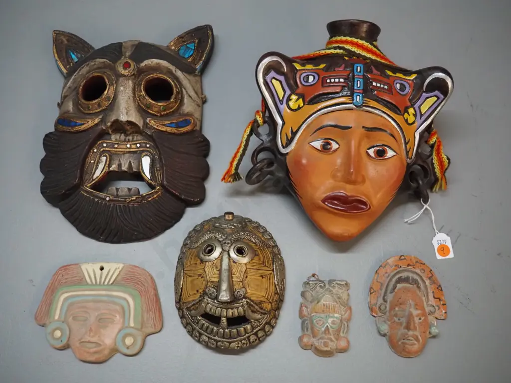 6 Mexican and central American ornamental souvenir items incl. ceramic wall flask, one is metal over turtle shell Image 1++