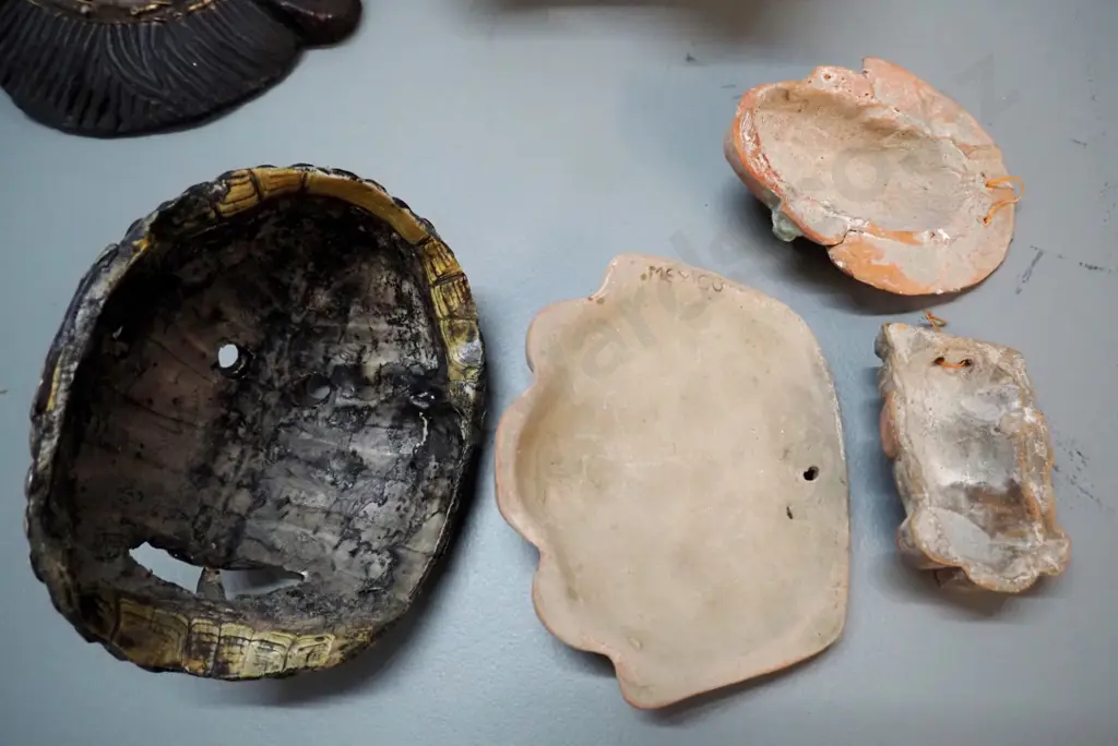 6 Mexican and central American ornamental souvenir items incl. ceramic wall flask, one is metal over turtle shell Image 1++