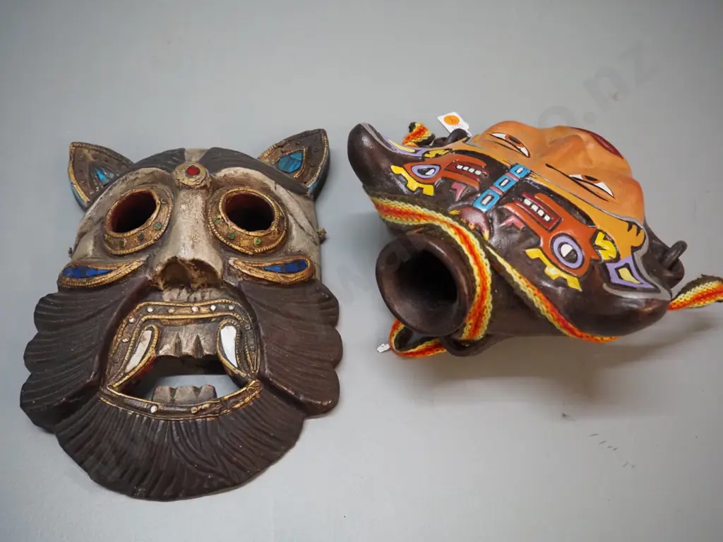 6 Mexican and central American ornamental souvenir items incl. ceramic wall flask, one is metal over turtle shell Image 1++