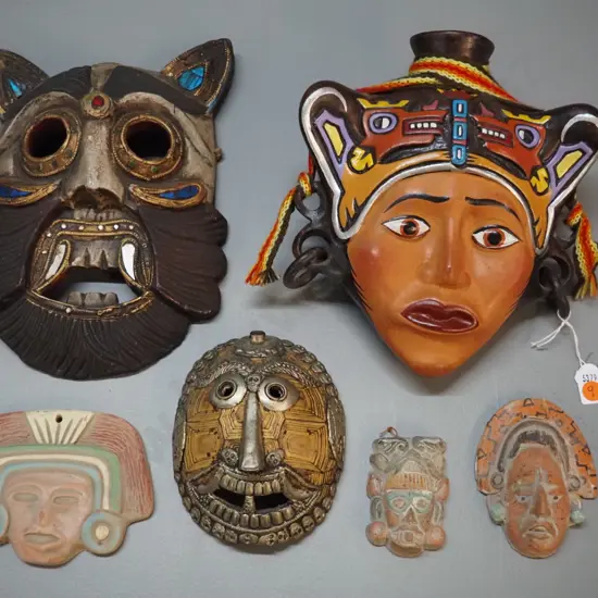 6 Mexican and central American ornamental souvenir items incl. ceramic wall flask, one is metal over turtle shell