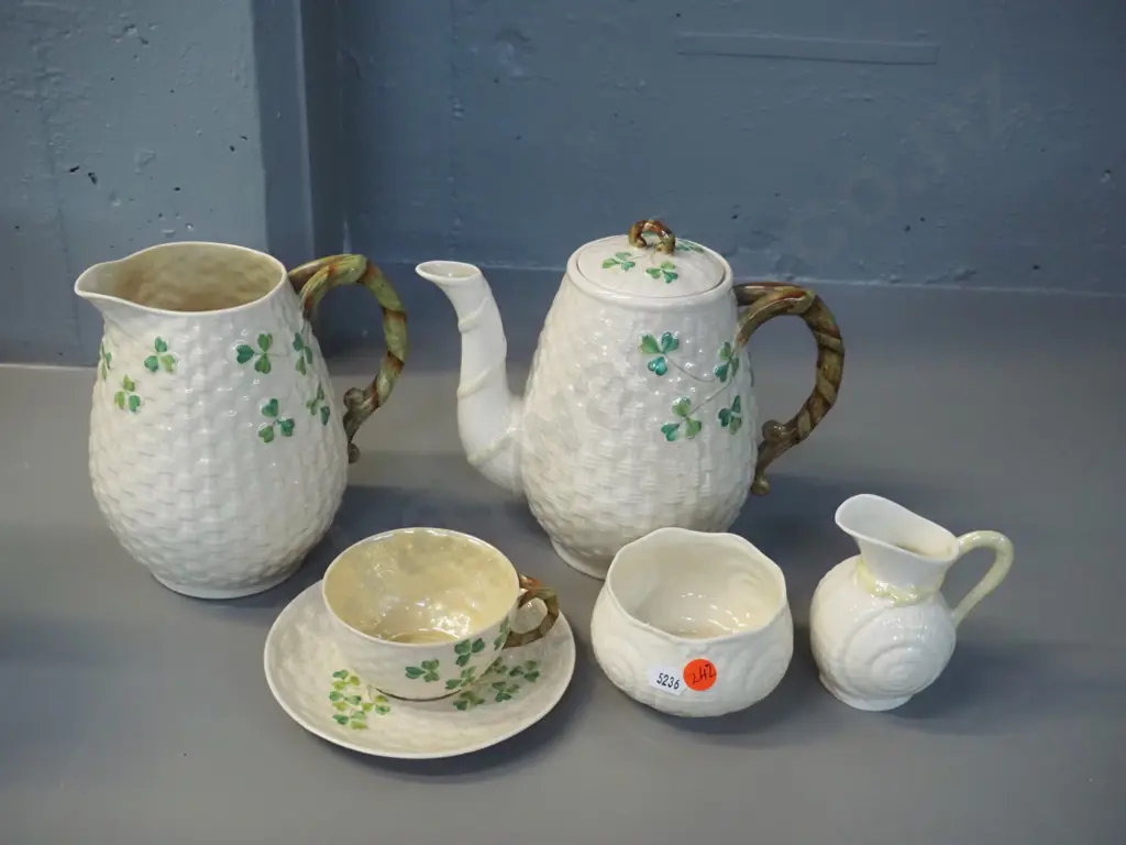 6 pieces of Belleek china - 3 black mark shamrock pattern and a green mark cream & sugar. Jug and teapot both H-160 Image 1++