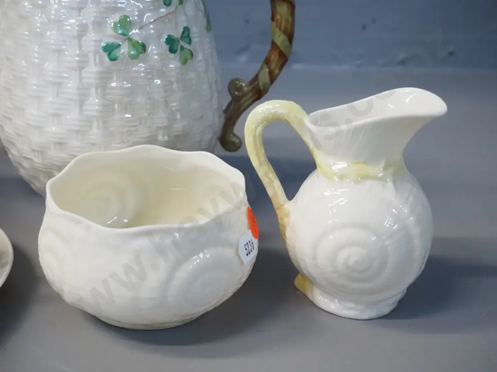 6 pieces of Belleek china - 3 black mark shamrock pattern and a green mark cream & sugar. Jug and teapot both H-160 Image 1++