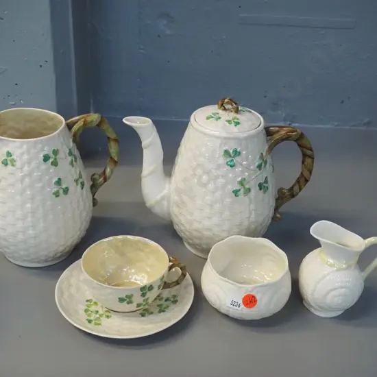 6 pieces of Belleek china - 3 black mark shamrock pattern and a green mark cream & sugar. Jug and teapot both H-160
