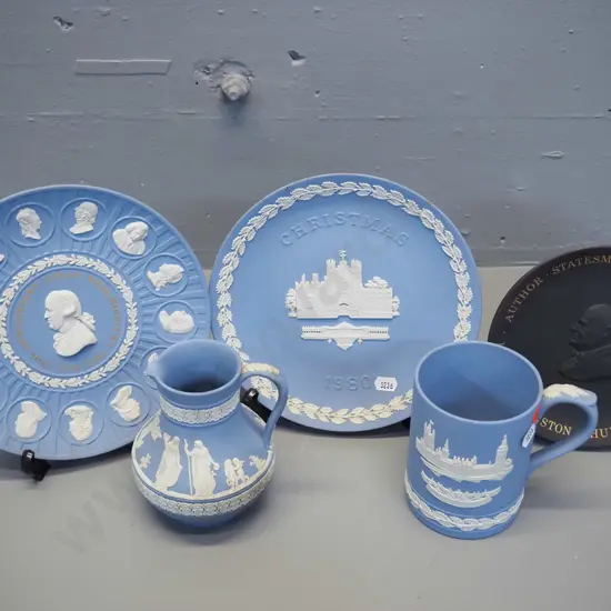 Wedgwood jasperware - jug, mug and 3 plates, including small black Winston Churchill, larger are D-200