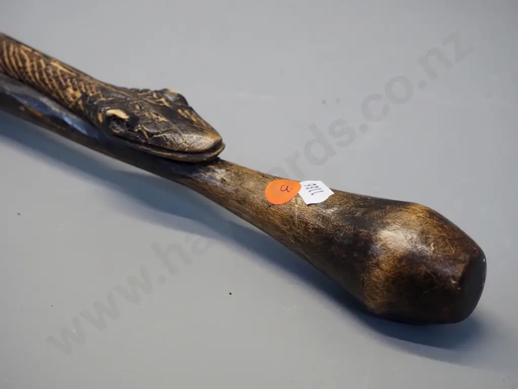 carved timber walking stick with snake motif, copper band around tip - from Papua New Guinea L-1000 Image 1++