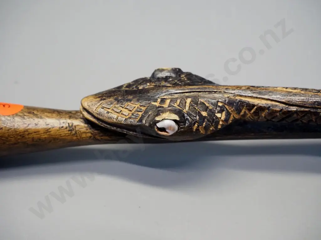 carved timber walking stick with snake motif, copper band around tip - from Papua New Guinea L-1000 Image 1++