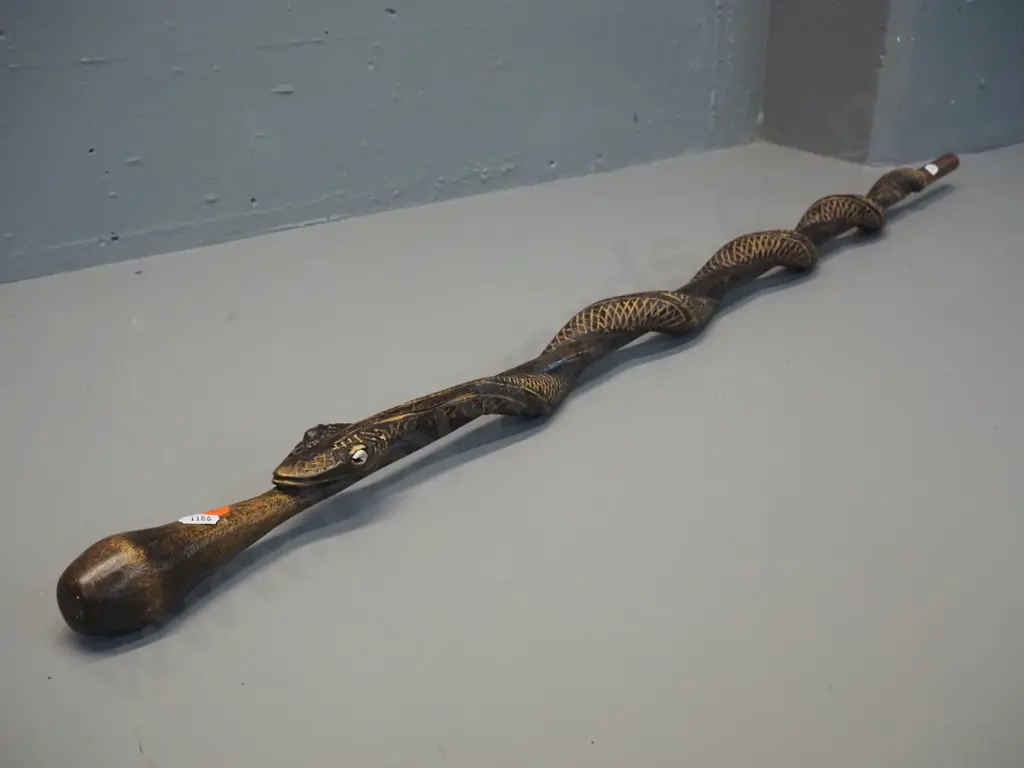 carved timber walking stick with snake motif, copper band around tip - from Papua New Guinea L-1000 Image 1++