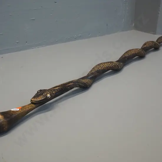 carved timber walking stick with snake motif, copper band around tip - from Papua New Guinea L-1000