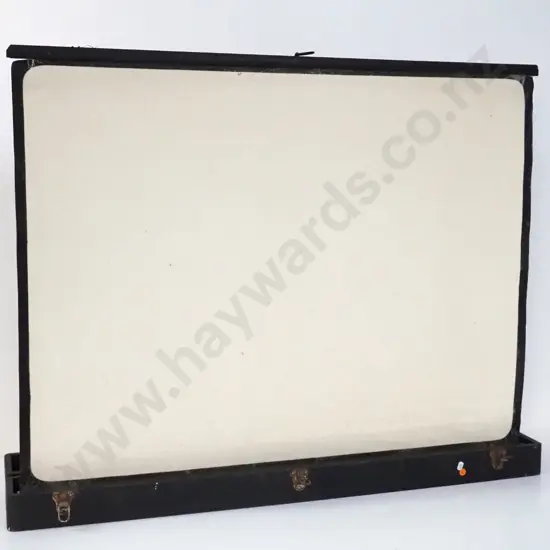 vintage Raven New York portable pop-up cine or slide projector screen in integrated wooden case, some corrosion and wear