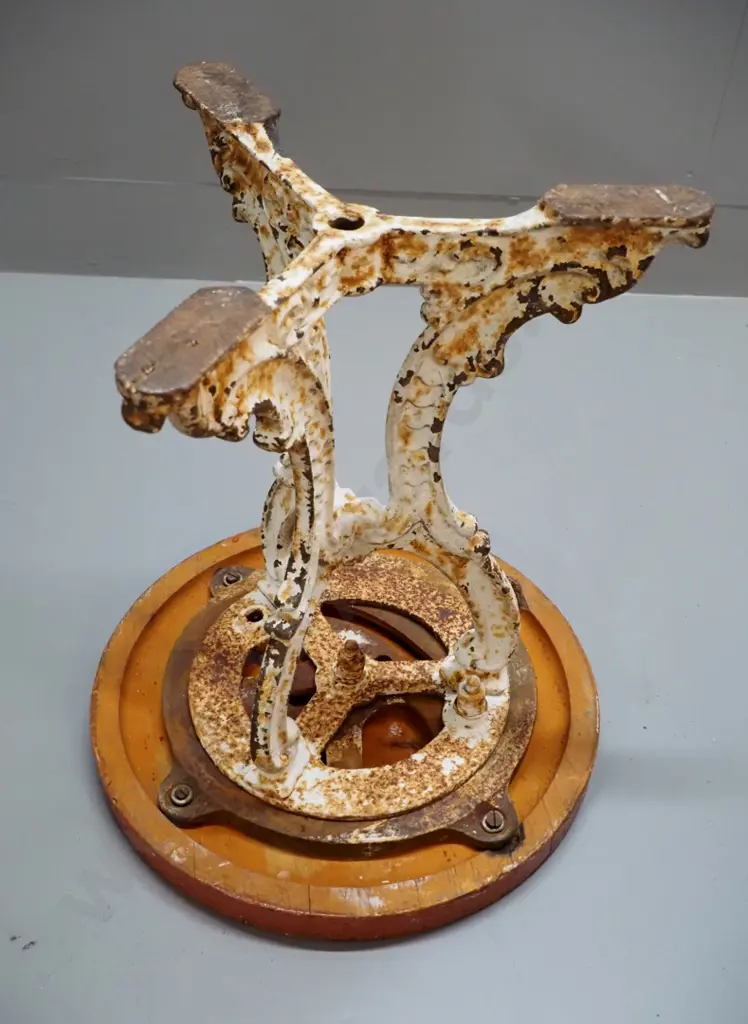 vintage cast iron ship's stool base with table top added - paint chips & surface corrosion H-410 D-350 Image 1++