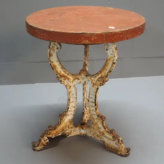 vintage cast iron ship's stool base with table top added - paint chips & surface corrosion H-410 D-350