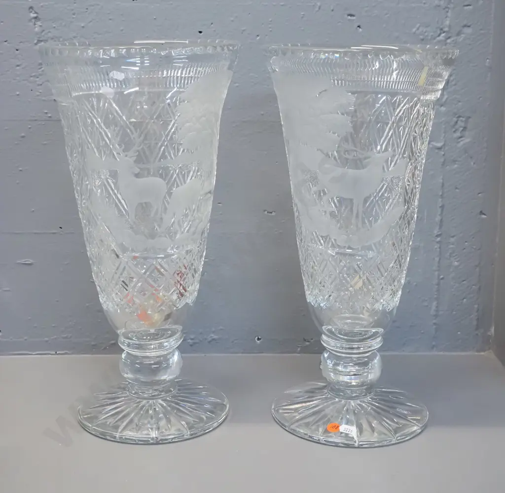 pair of large Edinburgh cut crystal vases with etched stag motif decoration H-400 Diameter 200 at rim Image 1++