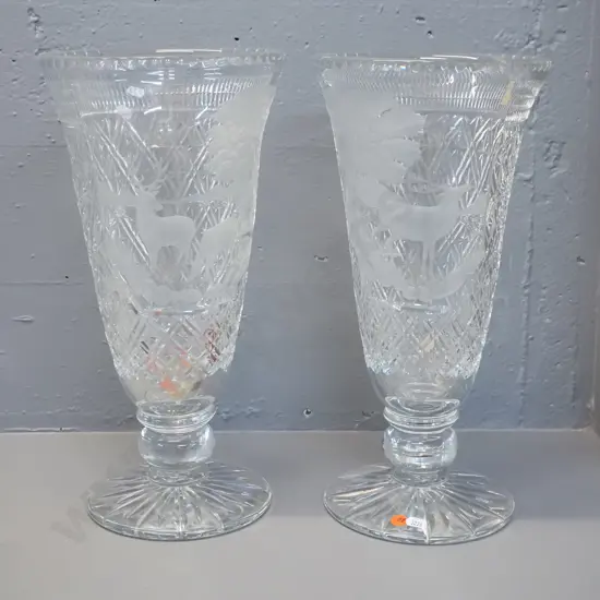 pair of large Edinburgh cut crystal vases with etched stag motif decoration H-400 Diameter 200 at rim