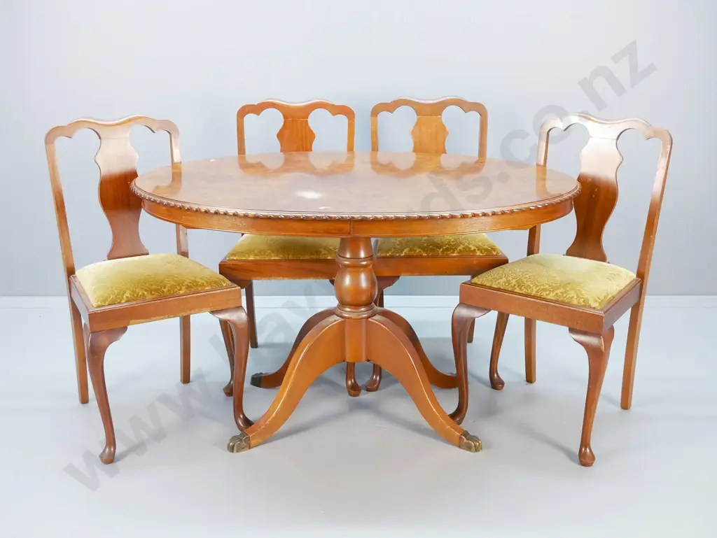reproduction mahogany oval rope-edged dining table with burr walnut veneer top, pedestal base w/brass ball & claw feet, Image 1++