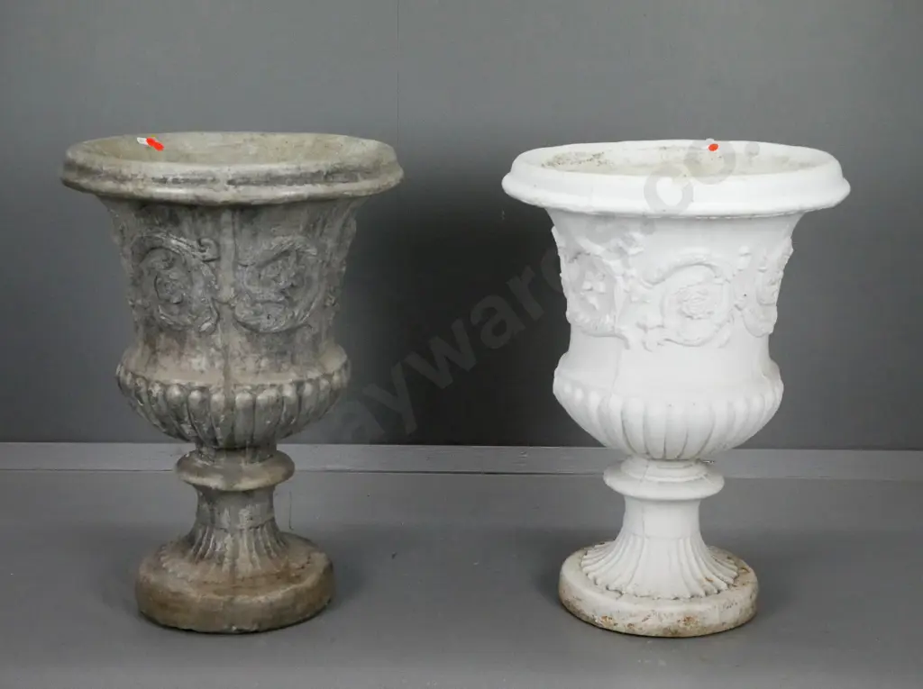 pair of classical style cast concrete garden urns - one painted white, one natural H-625 D-540 at rim Image 1++