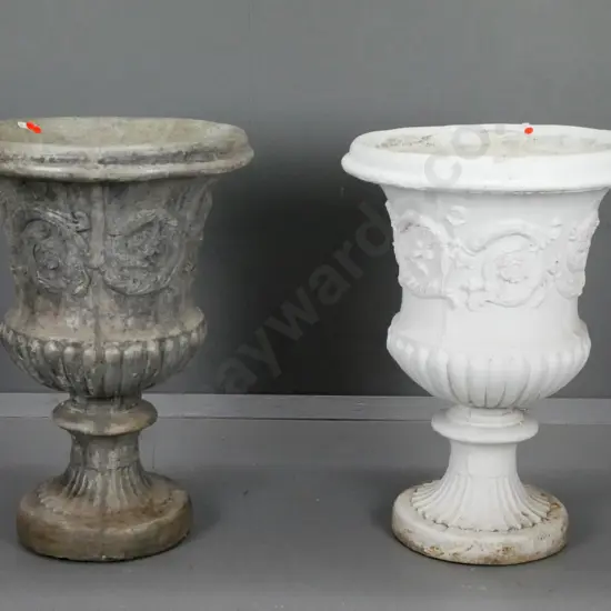 pair of classical style cast concrete garden urns - one painted white, one natural H-625 D-540 at rim